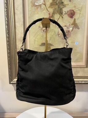 Gucci Black Nylon and Leather Bamboo Handbag